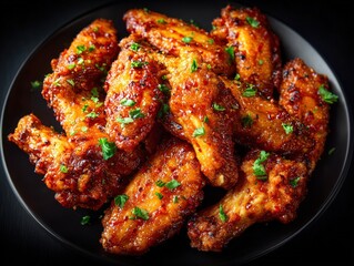 Succulent chicken wings covered with a savory and sweet glaze, garnished with fresh herbs, beautifully presented in a dark bowl