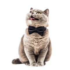 Cute British Shorthair cat with plush gray coat and bright yellow eyes sits wearing stylish black bow tie, looking upwards with its tongue out, creating playful and charming expression