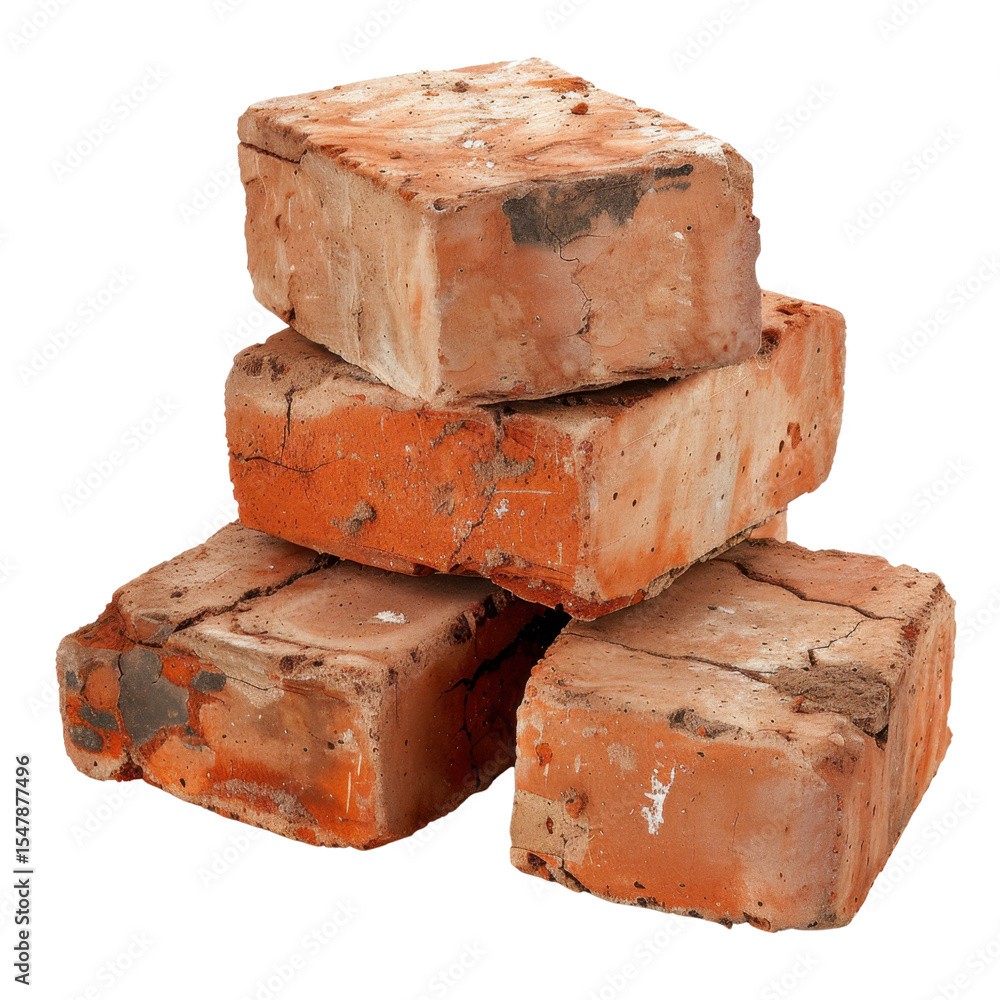 Poster stacked bricks in various shades of orange and red, showcasing weathered texture and rustic appearan