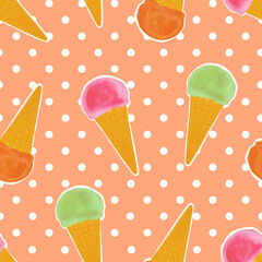 Seamless pattern with ice cream cones. Playful summer background. Perfect for fabric, wallpaper, wrapping paper, stationery, packaging, fabric designs.