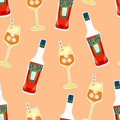 Seamless pattern with aperitivo bottles and  glasses. Summer background. Perfect for barware, party decor, textiles, packaging, wrapping, and stationery. 