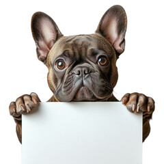 Cute French Bulldog with expressive eyes and large ears holds blank sign, inviting creativity and personalization. dog curious expression adds charm to image