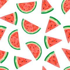 Seamless pattern with watermelon slices. Playful summer background. Perfect for fabric, wallpaper, wrapping paper, stationery, packaging, fabric designs.