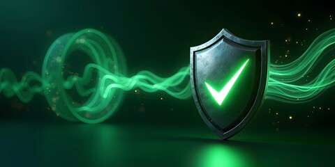 3D Render of a Futuristic Shield with Glowing Green Checkmark Symbol on Dark Background