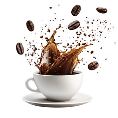 White cup with saucer is filled with splashing coffee, surrounded by flying coffee beans, creating dynamic and energetic scene. image captures essence of fresh, invigorating coffee experience
