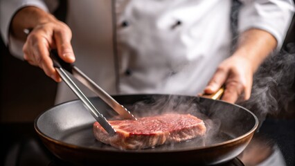 Close-up shows a chef in a white coat using metal tongs to cook a steak in a pan. Steam rises from the pan as the steak is being seared