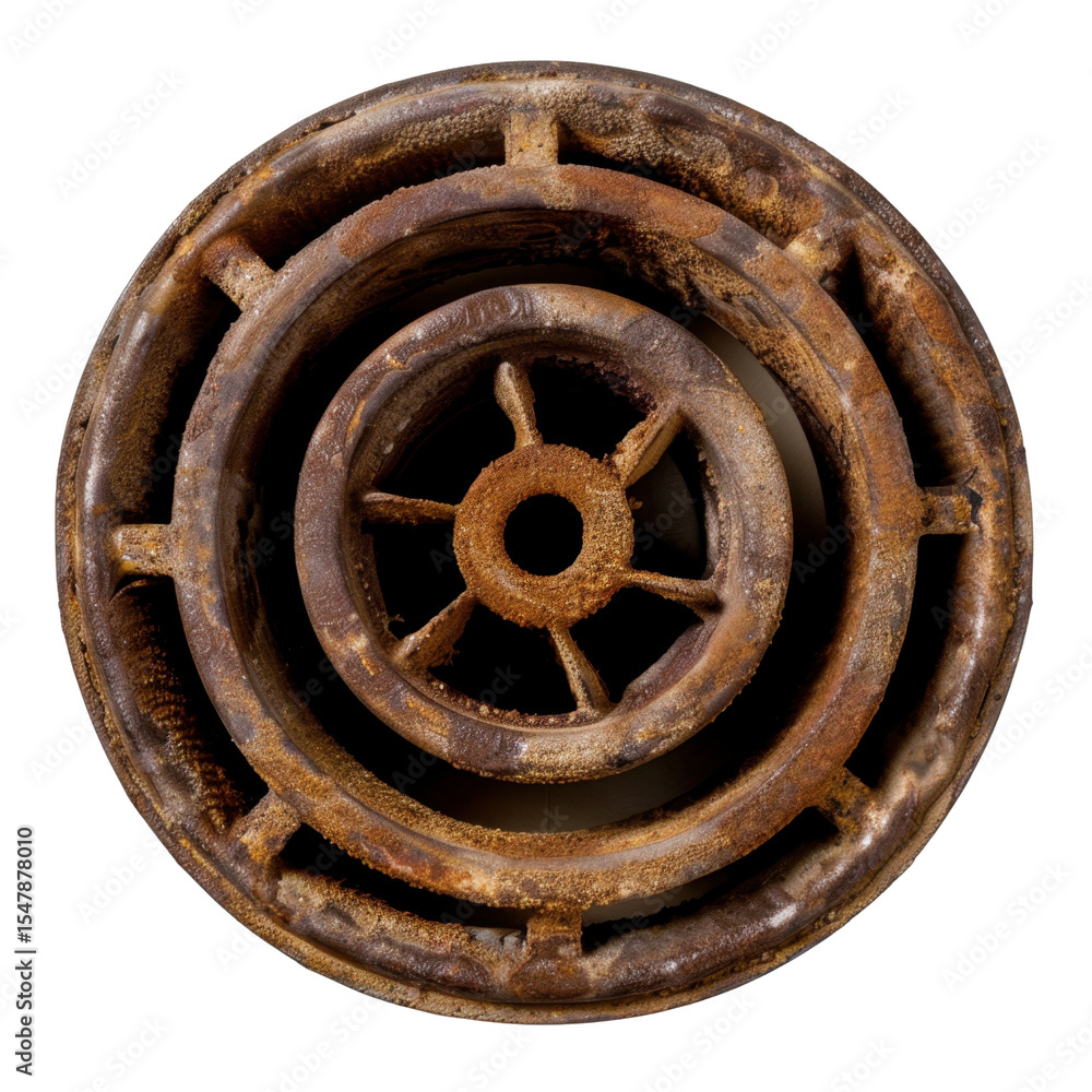 Poster rusty circular metal object with intricate spiral design, showcasing weathered texture and aged appe