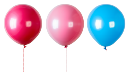 Trio of red pink and blue balloons isolated on a white background party style