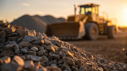 Yellow earthmover works in a gravel pit at dusk. The sun shines in the background, illuminating a pile of rocks in the foreground