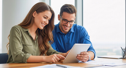 Obraz premium Tablet teamwork: Smiling coworkers collaborate using a tablet in a modern office space, reflecting creativity and efficiency.