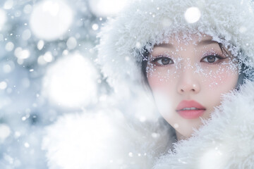 Glamorous Woman Posing Outdoors in Winter Wonderland with Ice-Inspired Makeup and Luxury Fur Jacket Among Frosty Trees and Snowfall.