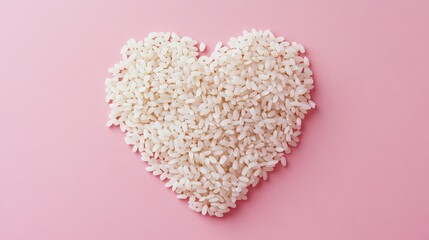 Heart-shaped rice arrangement on pink background symbolizing love and nourishment