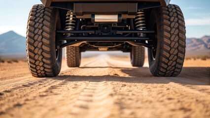 An all-terrain vehicle traverses a sandy path, leaving tire tracks in the arid landscape. Mountains rise in the distance beneath a clear sky in the Mojave Desert