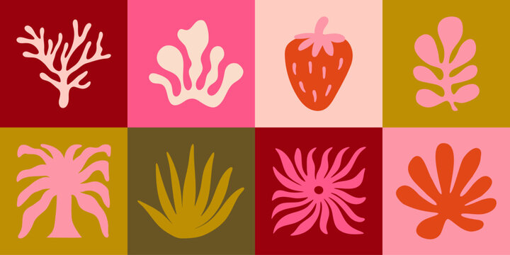 Vector shapes  in simple floral wavy and groovy naive style, ocean and vacation theme,  flowers and plants, floral botanic hand drawn design templates, modern art prints, surface design