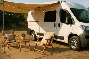 A white camper van is parked with a cloth awning overhead, decorated with string lights