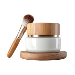 White jar with wooden lid and brush resting on a wooden platform base isolated on transparent background