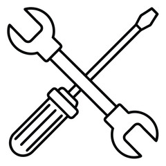 Black and white lineart icon of wrench and screwdr vector illustration in black and white line art style