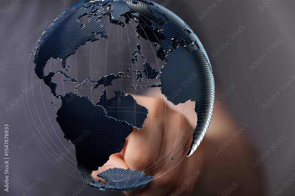 Poster Abstract image of a hand interacting with a 3D model of the Earth, symbolizing global connectivity and networking.