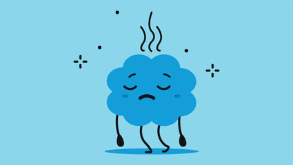 cartoon blue brain character with sad face and steam lines showing mental fatigue and exhaustion on blue background	