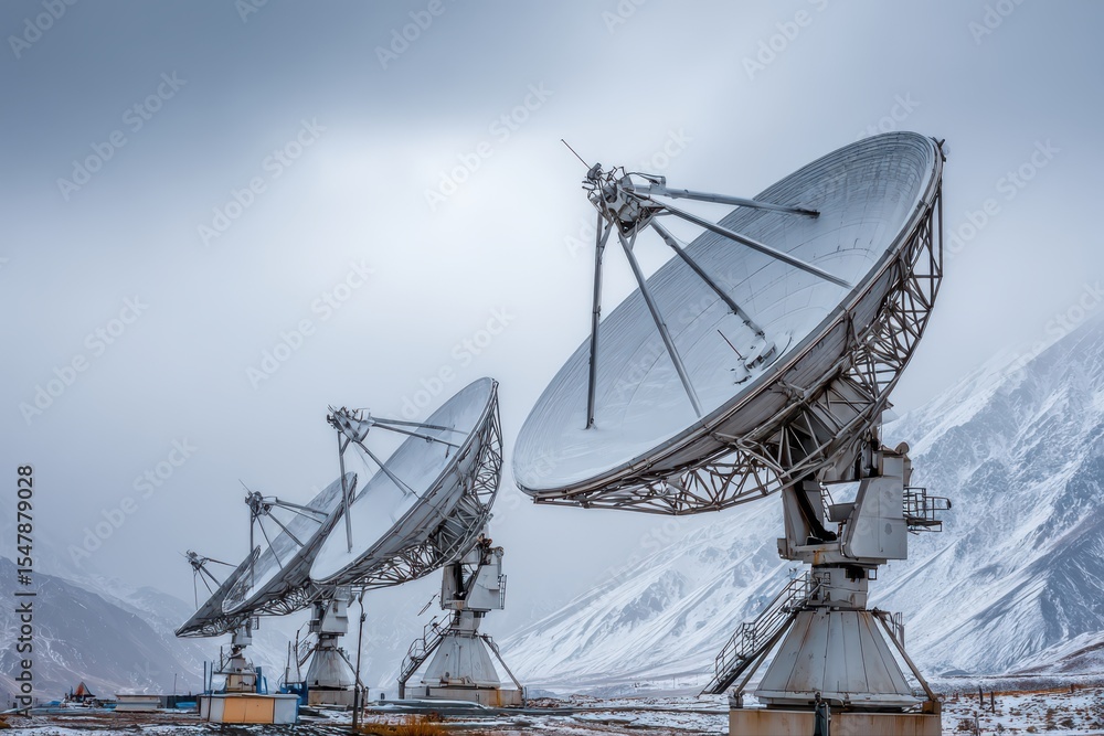 Poster a large array of satellite dishes positioned on a remote mountain, receiving and transmitting signal