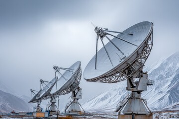 A large array of satellite dishes positioned on a remote mountain, receiving and transmitting signals.