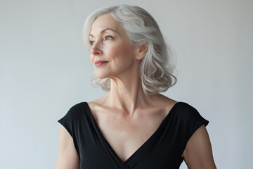 Graceful and Sophisticated Older Woman Model in a Simple Black Dress Standing Tall with Strong Posture in Front of a White Background.