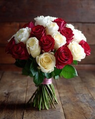 Bouquet of red and white roses on rustic wooden table, romantic theme
