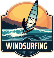 Windsurfing silhouette riding stylized waves with large sail and sun setting behind the mountains, in a detailed vector badge.