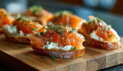 Smoked salmon appetizers on toasted bread.  Creamy topping, fresh herbs, and flavorful fish