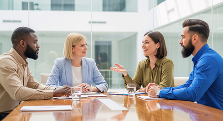 Business Meeting Collaboration: A diverse group of business professionals engaged in a productive meeting, exchanging ideas and collaborating on a project.  