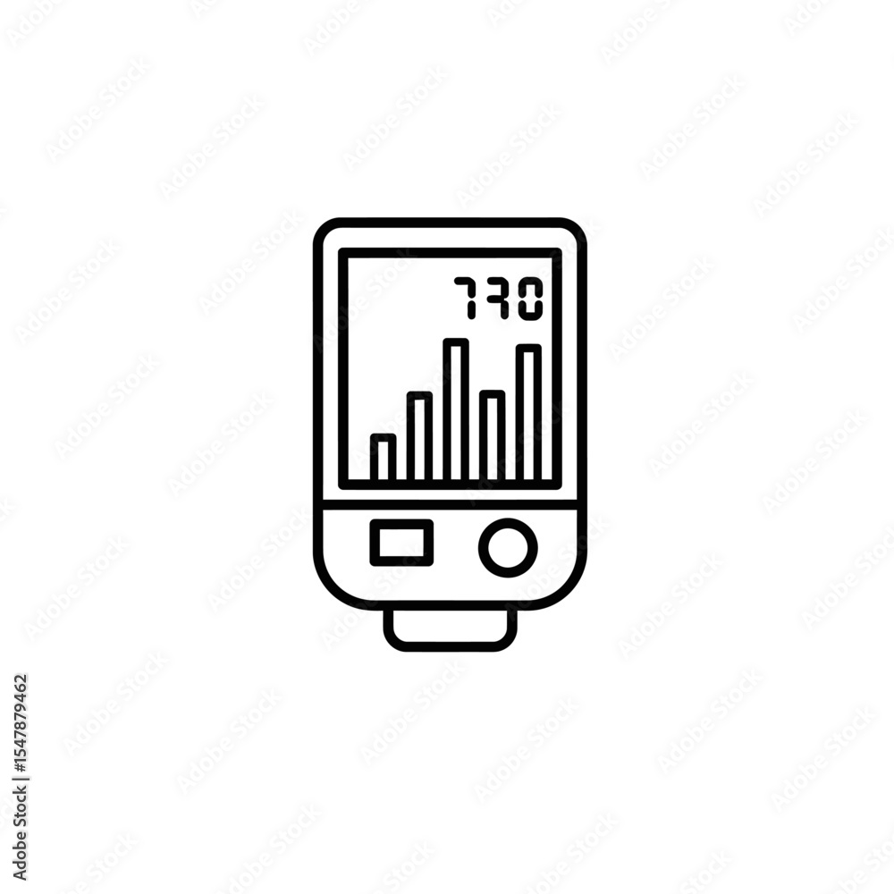 Poster a simple line drawing of a portable digital device displaying data graphs and numbers.