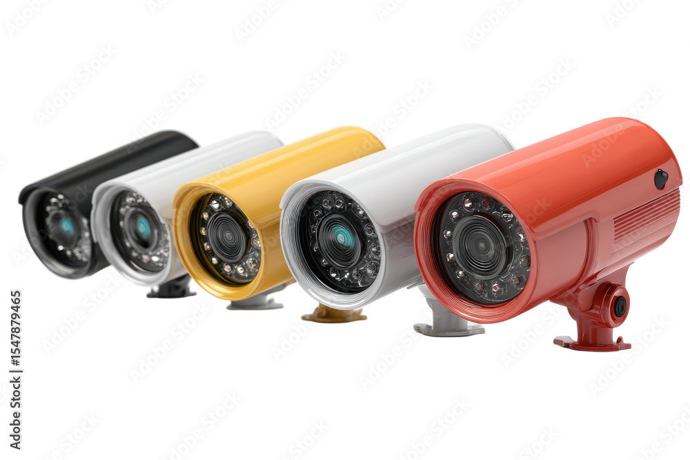 Poster row of security cameras in different colors. transparent background