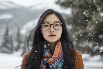 Graceful Asian Girl with Flowing Hair and Intellectual Look Enjoying a Winter Wonderland in Fashionable Outfit.