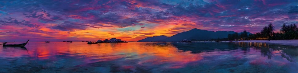 Obraz premium 8k Panoramic view of a colorful sunset over the sea with mountains in Thailand, banner 