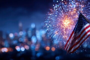American flag waves against a backdrop of fireworks and a blurred city skyline at night