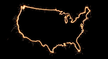 Obraz premium Map of United States Created with Sparkler Light Effect on Transparent Background