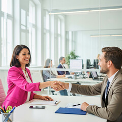 Obraz premium Building a Strong Partnership: A focused professional interaction, two individuals engaged in a deal-sealing handshake inside a bright office setting, symbolizing collaboration and business