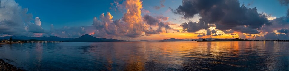 Obraz premium 8k Panoramiczny widok kolorowego zachodu słońca nad morzem i górami w Tajlandii, baner 