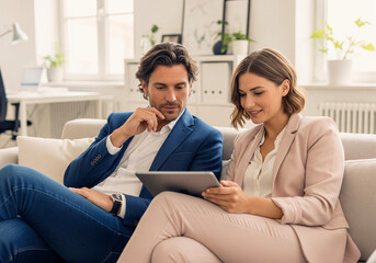 Business Partners Discussing Digital Strategy: Two professionals sit together, engrossed in a tablet, exchanging ideas and strategizing in a collaborative workspace.