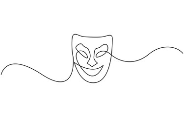 Greek mask one line drawing, opera event symbols continuous hand drawn, mask one line vector isolated design element, opera event symbols continuous hand drawn.