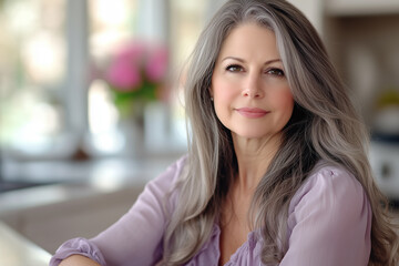 Graceful Mature Woman in a Soft Lavender Blouse, Enjoying the Bright Ambiance of a Modern Kitchen with Natural Light Streaming in Through the Window.
