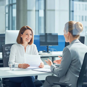 Business Meeting: Two businesswomen engage in a productive and friendly discussion during a meeting, reviewing documents and exchanging ideas in a modern office setting. 