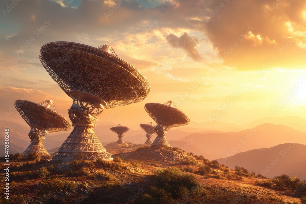 Poster a large array of satellite dishes on a remote mountain, receiving and transmitting signals for commu