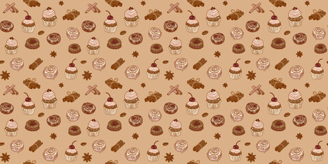 Cookies, cupcakes, muffins pattern. Cute candy light beige wallpaper with chocolate sweets, baking in children style