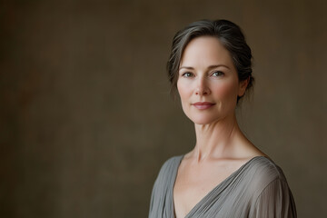 Graceful Mature Woman in Minimalist Gray Dress Posing Against a Soft-Toned Backdrop with Subtle Lighting Accentuating Her Face.