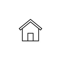 Simple line drawing of a house with a pitched roof and a door.