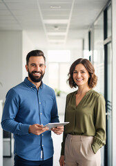Smiling Business Colleagues: Two smiling business colleagues stand together in a modern office hallway, one holding a tablet computer. They exude confidence and professionalism.
