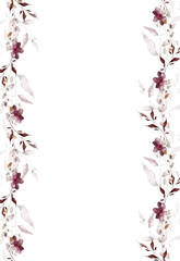 Watercolor autumn floral seamless border frame. Pink, burgundy, brown, gray fall flowers, branches, leaves, twigs. Hand drawn style illustration. Watercolour artistic template design.