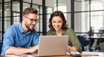 Teamwork in modern office: A man and a woman collaborate at a desk, immersed in their work on a laptop, their expressions exuding professionalism, teamwork.