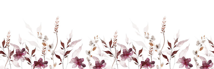 Watercolor autumn floral seamless border frame. Pink, burgundy, brown, gray fall flowers, branches, leaves, twigs. Hand drawn style illustration. Watercolour artistic template design. © satika